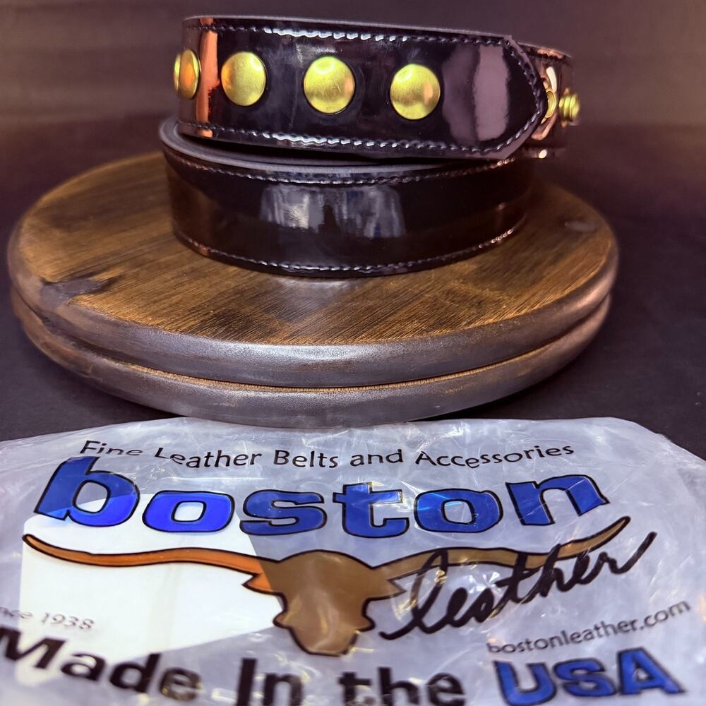 Boston Leather Snap Belt 48" Black Hi Gloss Brass 1.5" Wide Leather 6583